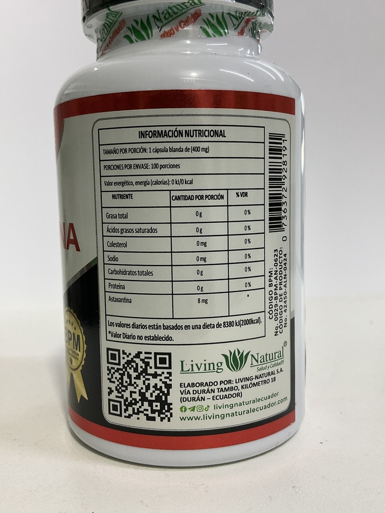 ASTAXANTINA 400MG X 100 CAPSULAS LIVING NATURAL